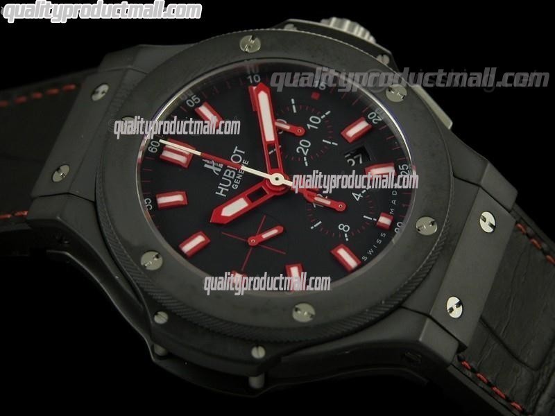 Hublot Big Bang Chronograph-BMatte black dial red hour indications-Crocodile leather strap 