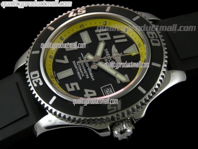 Breitling SuperOcean Abyss 42MM Automatic Watch-Black Dial Yellow Inner Bezel-Pro Diver Black Rubber Strap