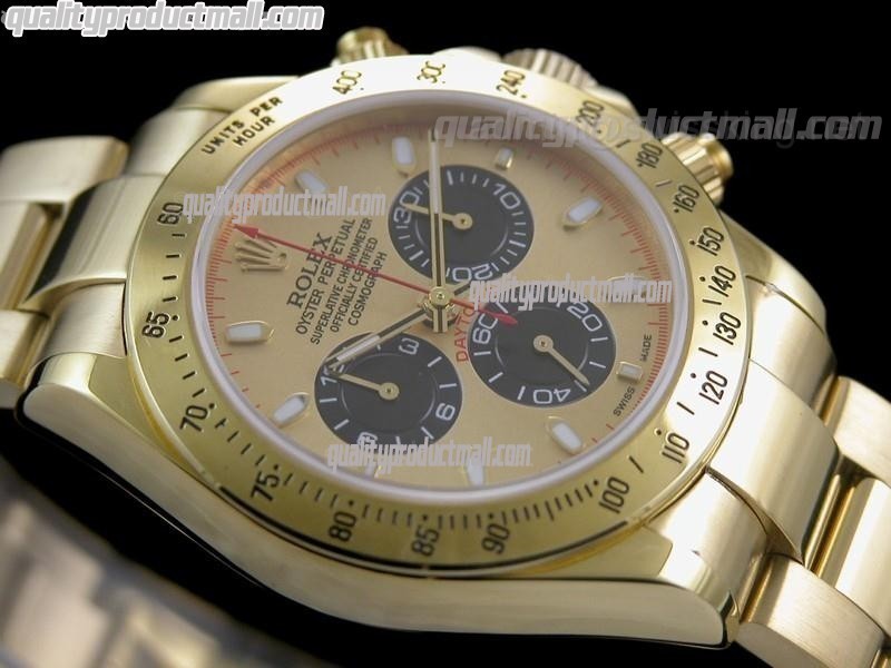Rolex Daytona Swiss 18K Gold Chronograph-Gold Dial Black Subdials-Stainless Steel Oyster Bracelet 