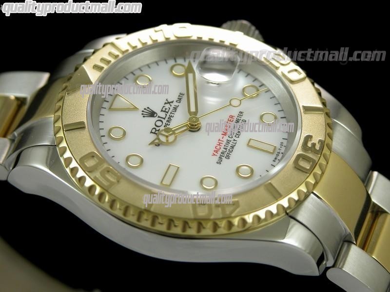 Rolex Yachtmaster II Bi Tone Swiss ETA-White Dial White Dot Markers-Gold Plated Stainless Steel Oyster Strap