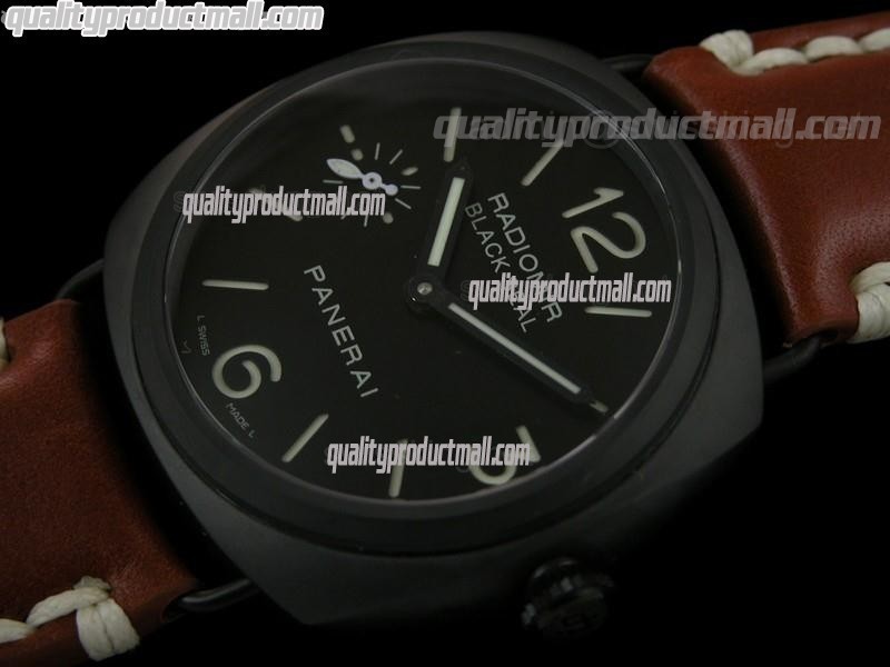 Panerai Black Seal PAM292 Ceramic Manual Handwound Watch-Black Dial Stick/Numeral Markers-Brown Leather Strap