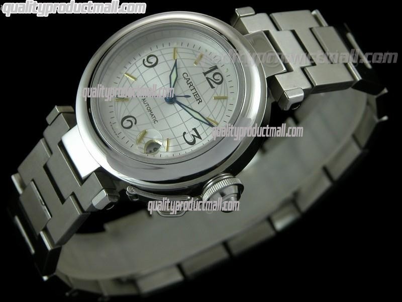 Cartier Pasha 32MM Swiss ETA Automatic Watch-White Globe Dial-Stainless Steel Bracelet 