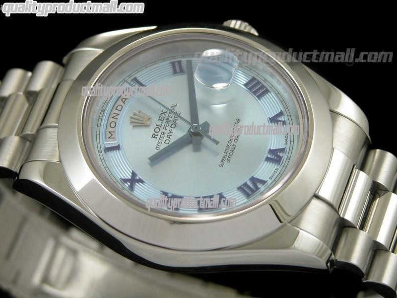 Rolex DayDate II 41mm Swiss Automatic Watch-White Dial Blue Roman Numeral Markers-Stainless Steel Presidential Bracelet