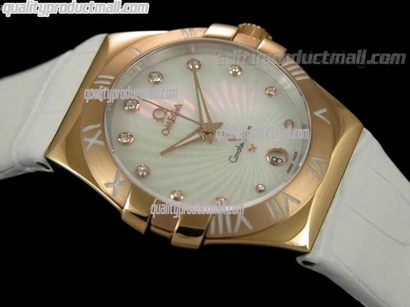 Omega Constellation Midsize 18k Rose Gold-Fan Shell Design White Dial-White Leather Strap