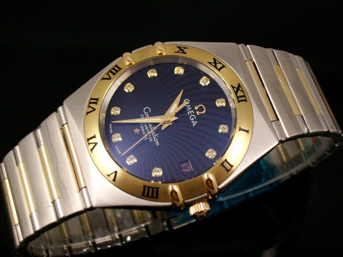 Omega Constellation OM6160 Automatic-18k Gold Blue Dial-Stainless Steel TT Linked Strap