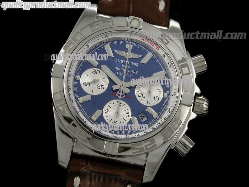 Breitling Chronomat B01 Chronograph-Blue Dial Index Hour Markers-Brown Leather Strap 