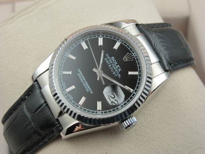 rolex datejust black leather strap