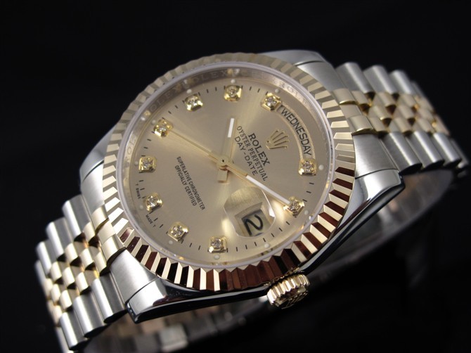 Rolex Day Date Automatic Swiss Watch 18K Gold-Gold Dial Diamond Hour Markers-Stainless Steel Jubilee Bracelet