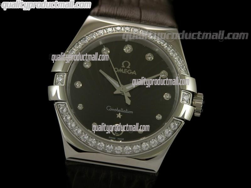 Omega Constellation Midsize Diamond Swiss Quartz-Fan Shell Design Brown Dial-Brown Leather Strap