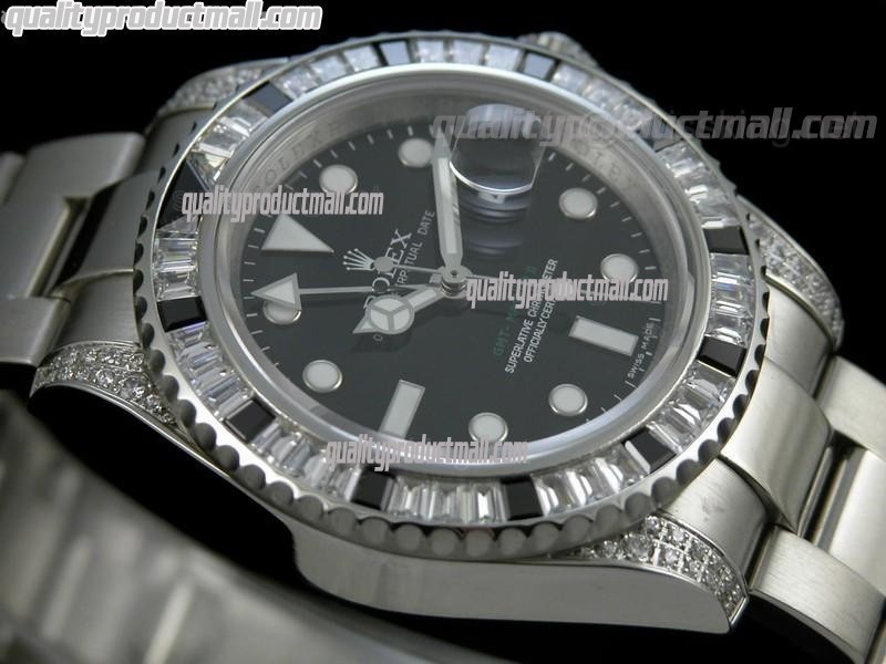 Rolex GMT II 50th Anniversary Bling Model Automatic Watch-Black Dial Black Crested Bezel-Stainless Steel Oyster Bracelet 