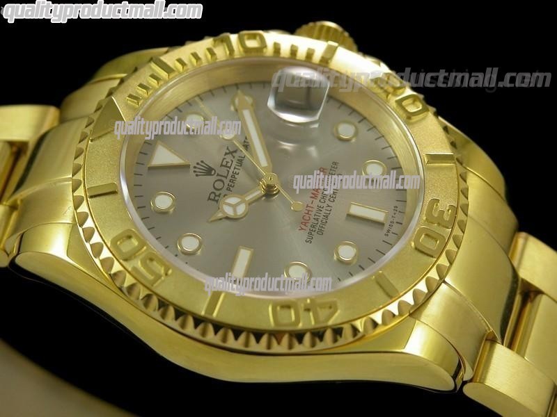 Rolex Yachtmaster II Gold Swiss ETA-Silver Grey Dial White Dot Markers-Gold Plated Stainless Steel Oyster Strap