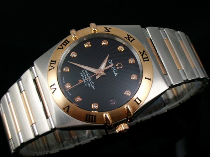 Omega Constellation OM6103 Automatic-18k Rose Gold Black Dial-Stainless Steel TT Linked Strap