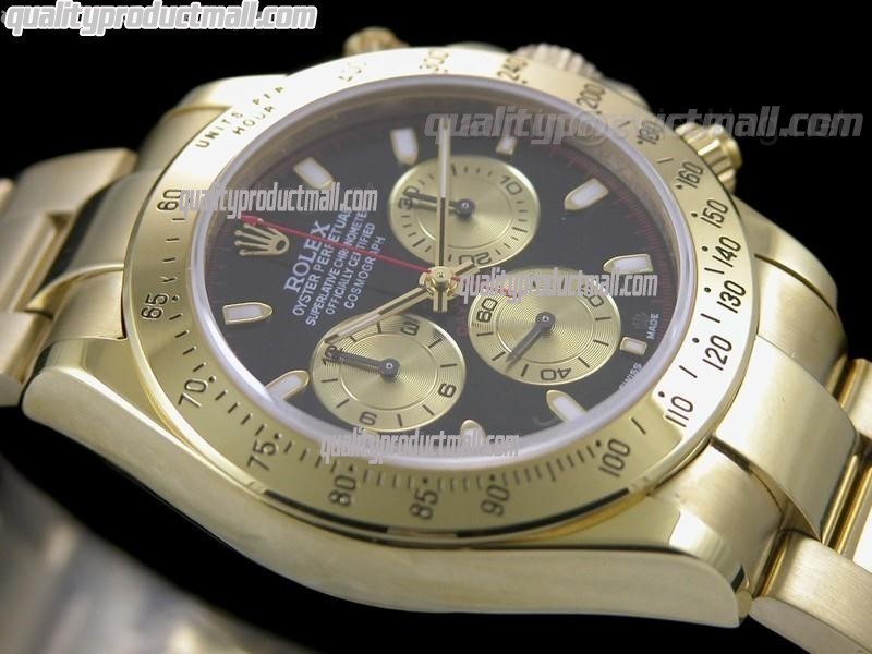 Rolex Daytona Swiss 18K Gold Chronograph-Black Dial Gold Paul Newman Style Subdials-Stainless Steel Oyster Bracelet 