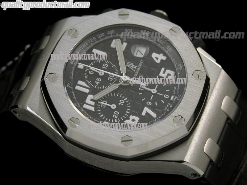 Audemars Piguet Royal Oak Black Edition Chronograph-Black Checkered Dial Numeral Hour Markers-Black Leather Strap