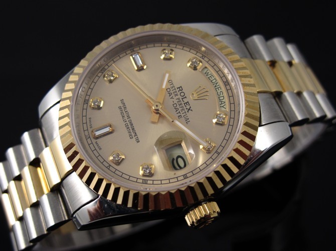 Rolex Day-Date E702 Automatic 18k Gold-Gold Dial Diamond Markers-Stainless Steel Strap