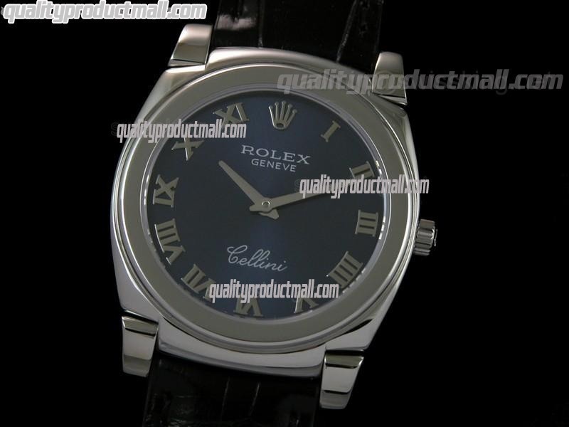 Rolex Cellini Swiss Quartz Watch-Blue Dial Roman Numeral Markers-Black Leather strap