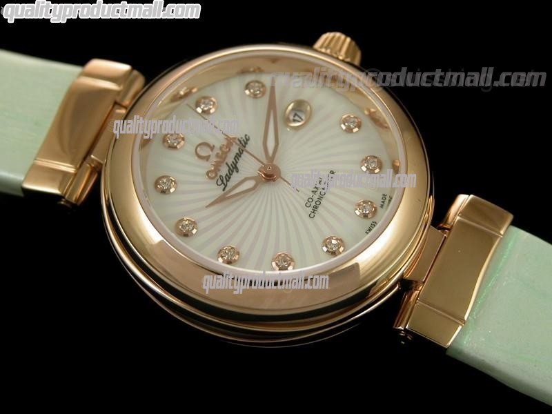 Omega Deville Ladymatic 18k Rose Gold Swiss Automatic Watch-White Coral Design Dial-Green Leather strap