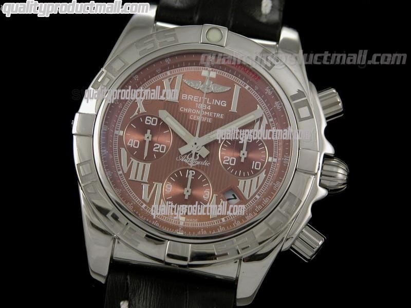 Breitling Chronomat B01 Chronograph-Brown Dials Roman Numerals Hour Markers-Black Leather Strap