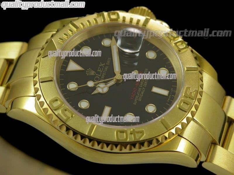 Rolex Yachtmaster II Gold Swiss ETA-Black Dial White Dot Markers-Gold Plated Stainless Steel Oyster Strap