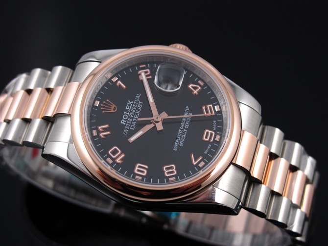 Rolex Datejust E709 Automatic 18k Rose Gold-Black Dial Number Markers-Stainless Steel Strap
