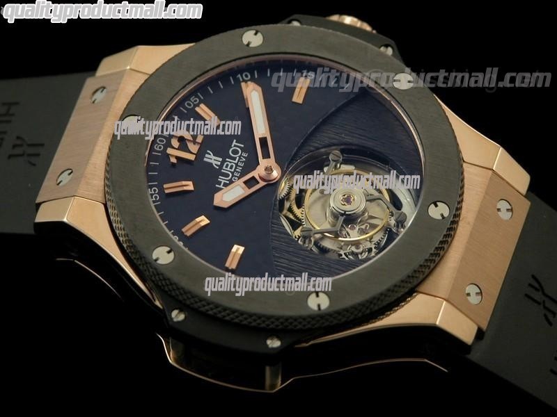 Hublot Big Bang Flying Tourbillon 18k Rose Gold-Black Dial Index/Numeral Hour Markers-Black Rubber Strap