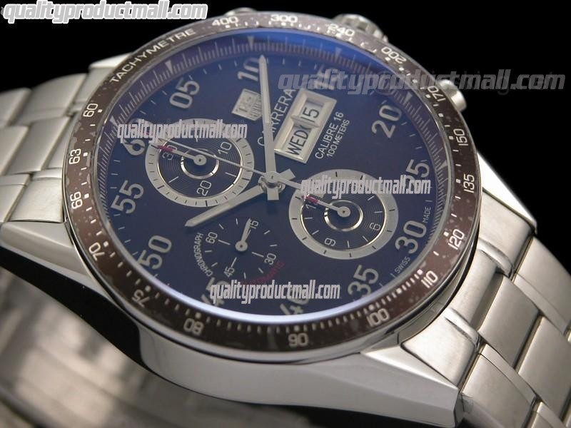 Tag Heuer Carrera Calibre 16 Day Date Automatic Chronograph-Blue Dial White Ring Subdials-Stainless Steel Bracelet