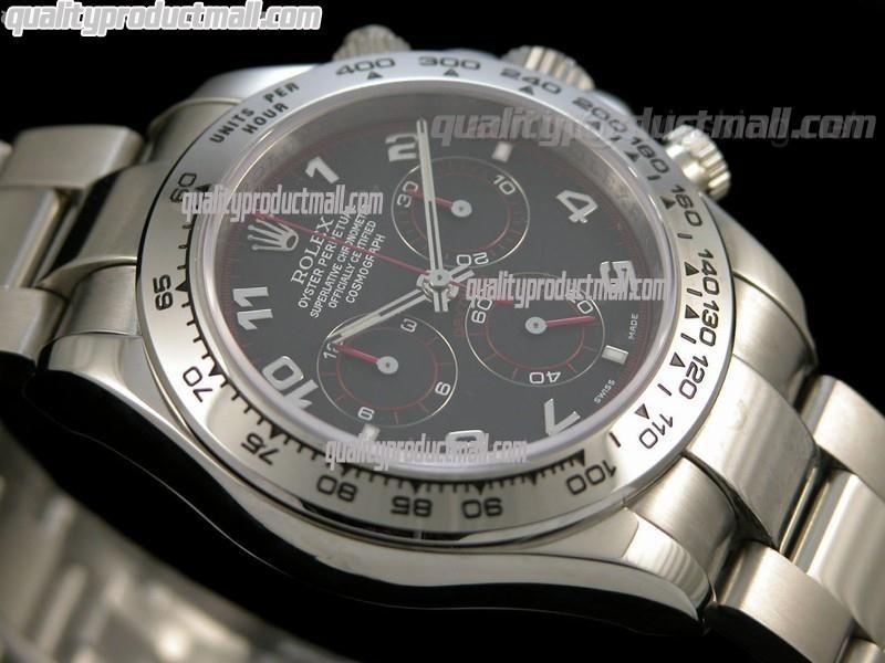 Rolex Daytona Swiss Chronograph-Black Dial Silver Subdials-Red Chronograph-Stainless Steel Oyster Bracelet