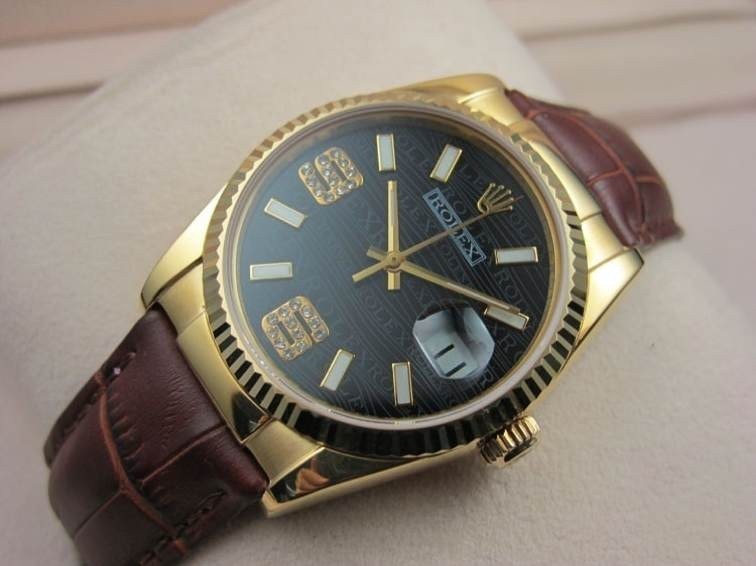 Rolex Datejust 36mm Swiss Automatic Watch 18K Gold-Black Dial Diamond Stick Markers-Brown Leather Bracelet