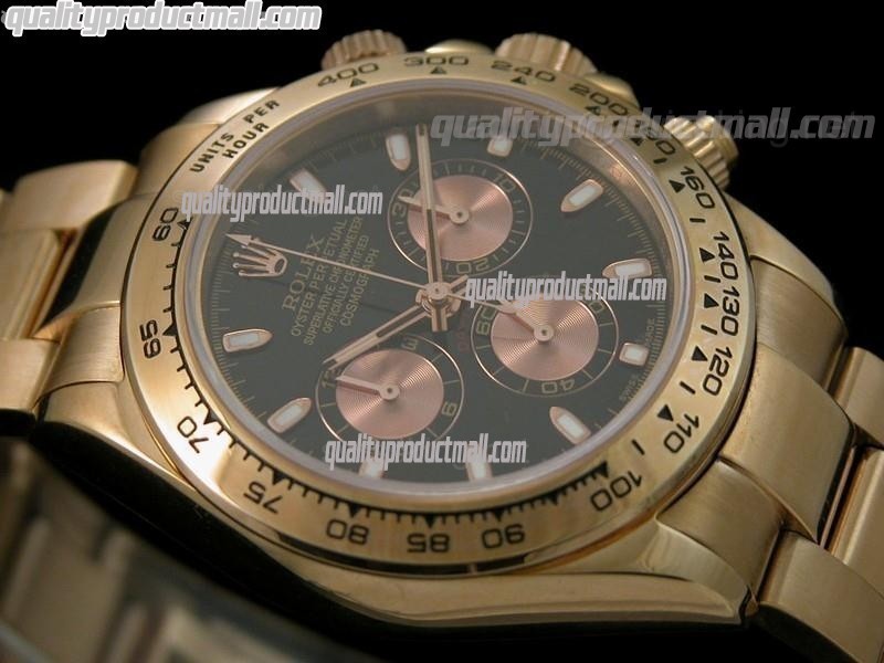 Rolex Daytona Swiss 18K Rose Gold Chronograh-Black Dial Rose Gold Subdials-Stainless Steel Oyster Bracelet