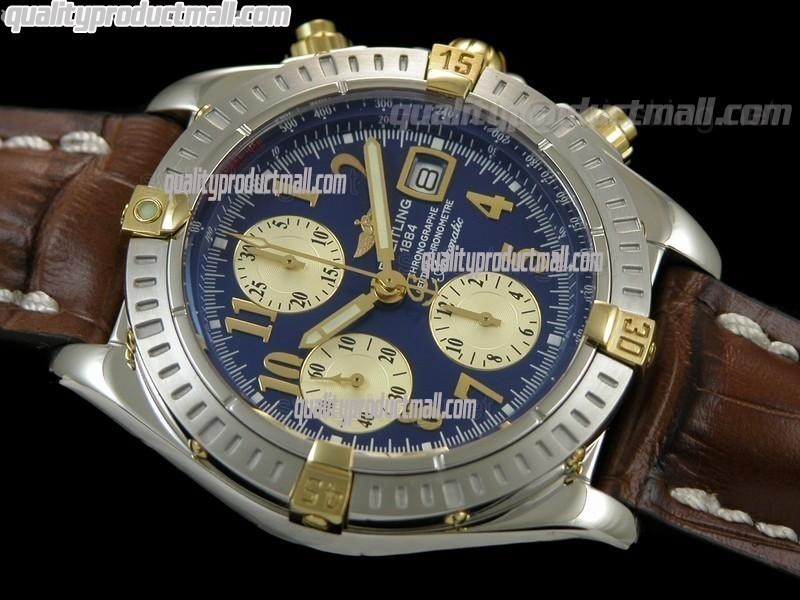 Breitling Choromat Evoluliton V3 Chronograh - Blue Dial - Bi Tone - Brown Leather Strap - Numerals