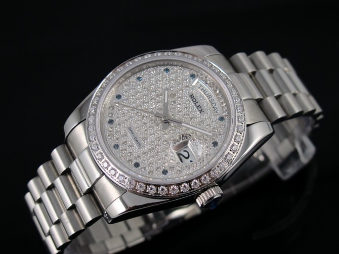 Rolex Day-Date E726 Automatic-Silver Diamond Dial Dots Markers-Stainless Steel Strap