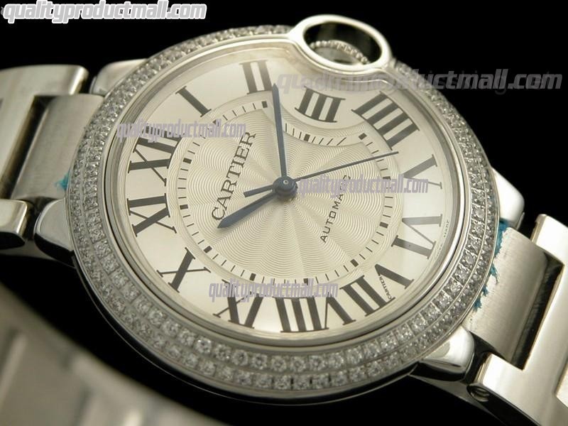 Cartier Blue Ballon Mid Sized Swiss Watch-White Dial Diamond Crested Bezel-Stainless Steel Bracelet 