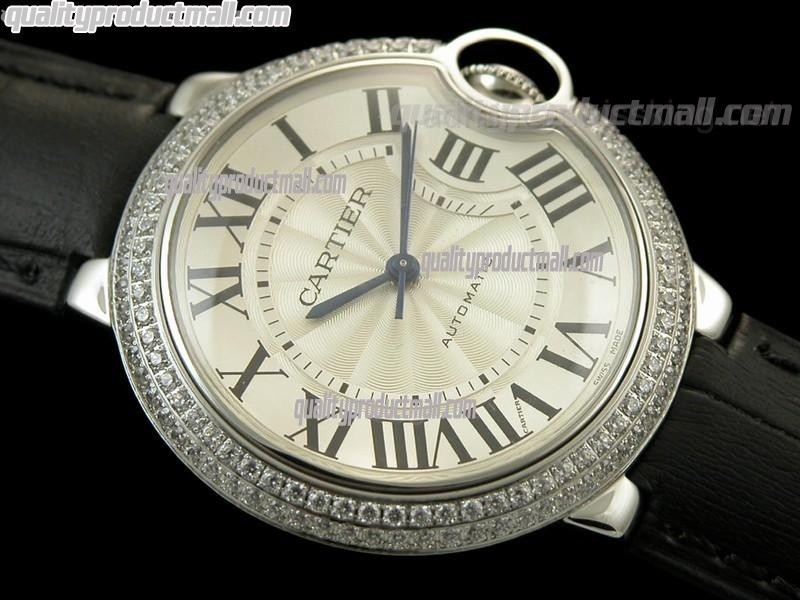 Cartier Blue Ballon Ladies Swiss Watch-White Dial Diamond Crested Bezel-Black Leather Strap