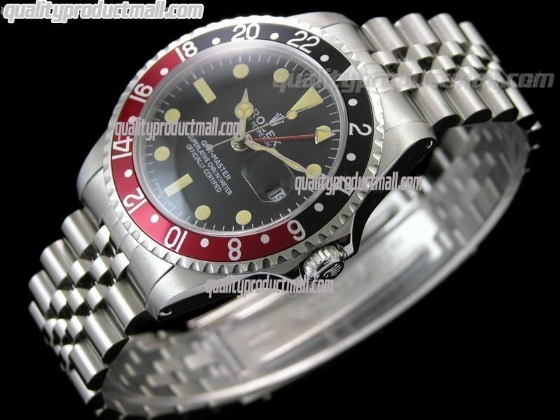 Rolex GMT II Swiss ETA Automatic Watch-Vintage Black Dial Black/Red Bezel-Stainless Steel Jubilee Bracelet