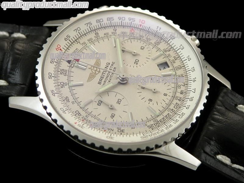 Breitling Navitimer Chronometre-White Dial Index Hour Markers-Black Leather Strap