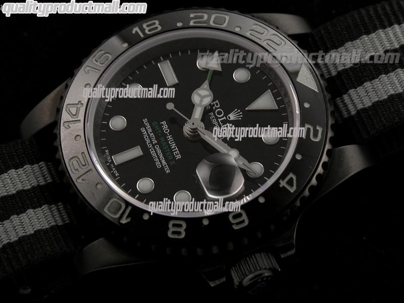 Rolex GMT II Pro Hunter Bi Tone Automatic Watch-Black dial  Large Dot Hour Markers-Nylon NATO Strap