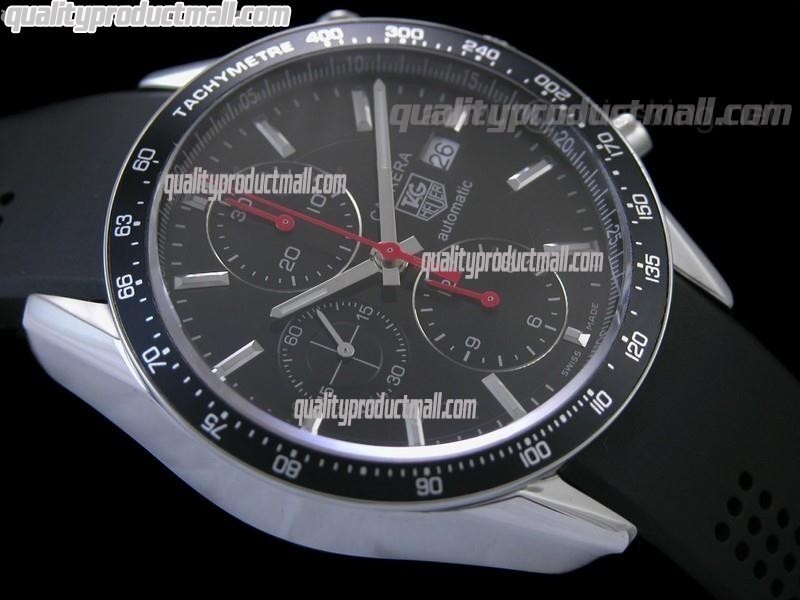 Tag Heuer Carrera 41MM Automatic Chronograph-Black Dial White Ring subdials-Black Rubber Strap 