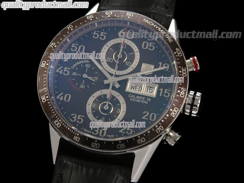 Tag Heuer Carrera Calibre 16 Day Date Automatic Chronograph-Blue Dial White Ring Subdials-Black Leather Strap