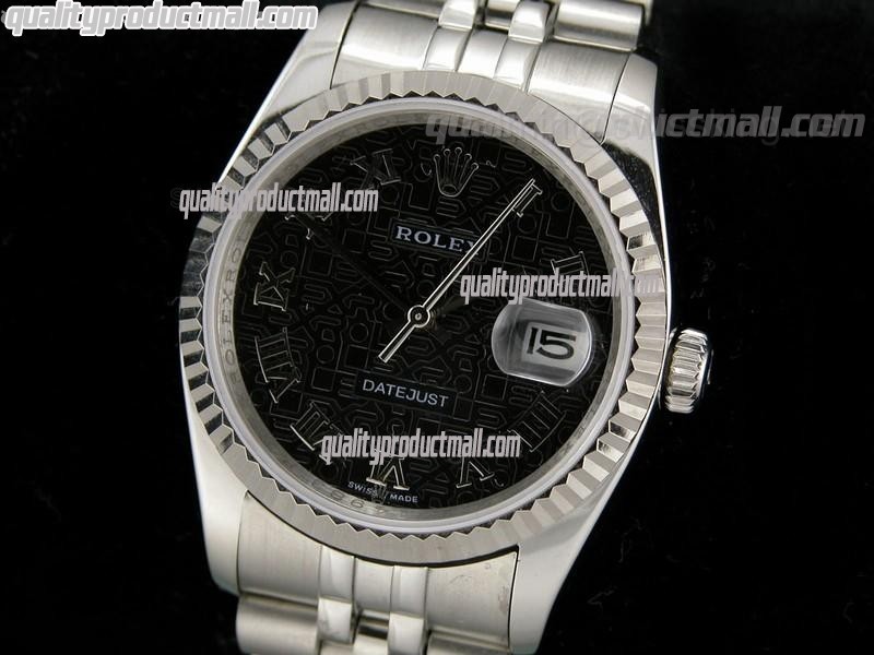 Rolex Datejust 36mm Swiss Automatic Watch-Black Jubilee Dial Roman Numeral Hour Markers-Stainless Steel Jubilee Bracelet 