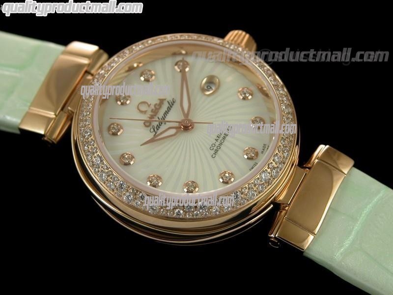 Omega Deville Ladymatic Rose Gold Diamond Swiss Automatic Watch - White Coral Design Dial - Green Leather Strap