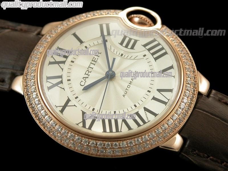 Cartier Blue Ballon Ladies Swiss Watch 18k Rose Gold-White Dial Diamond Crested Bezel-Brown Leather Strap 