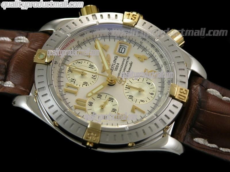 Breitling Choromat Evoluliton V3 Chronograh - White Dial - Bi Tone - Brown Leather Strap - Numerals