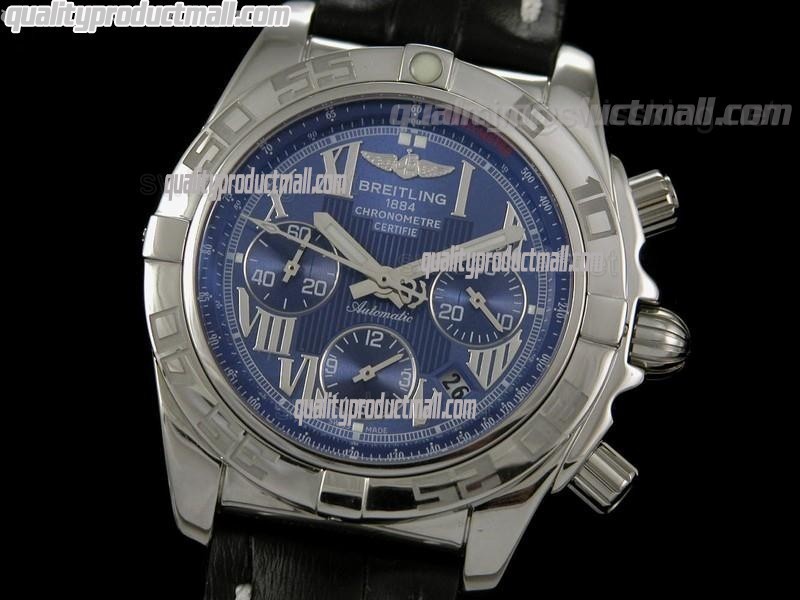 Breitling Chronomat B01 Chronograph-Blue Dial Luminous Roman Numeral Markers-Black Leather Strap 