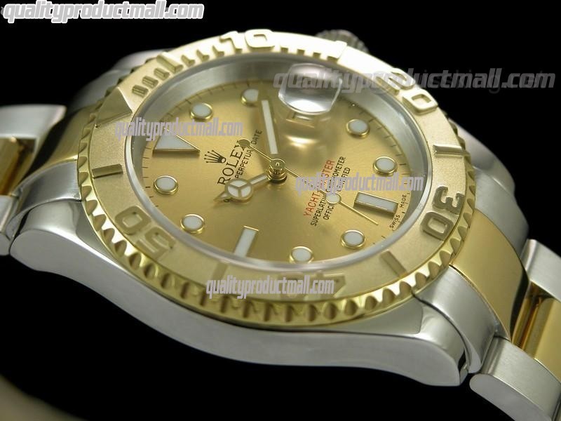 Rolex Yachtmaster II Bi Tone Swiss ETA-Gold Dial White Dot Markers-Gold Plated Stainless Steel Oyster Strap