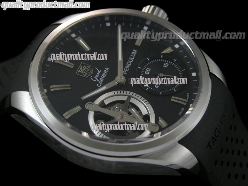 Tag Heuer Pendulum Handwound Watch-Black Dial Silver Stick Markers-Black Rubber strap 