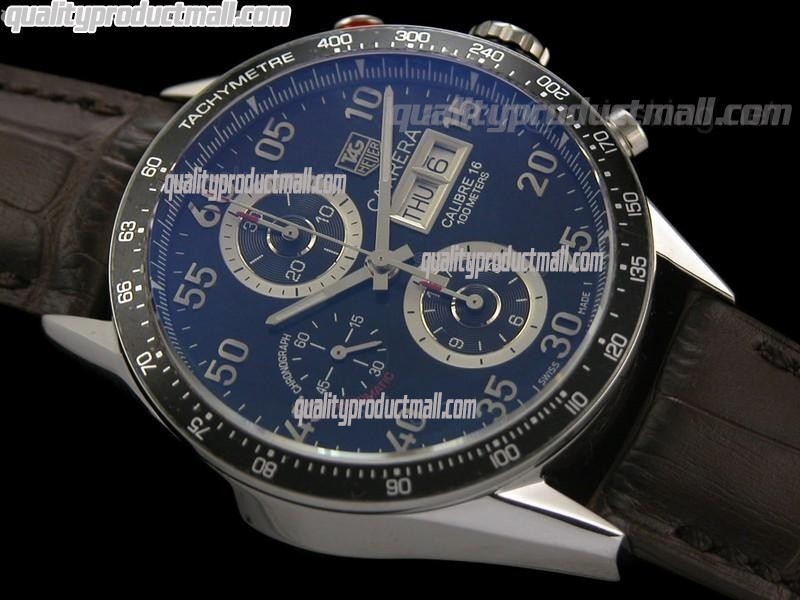 Tag Heuer Carrera Calibre 16 Day Date Automatic Chronograph-Blue Dial White Ring Subdials-Brown Leather Strap