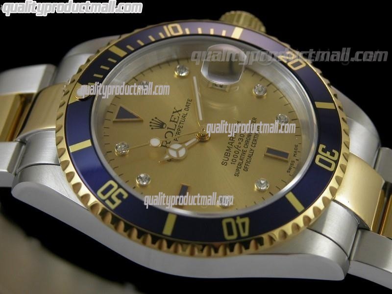 Rolex Submariner Automatic ETA Bi Tone 18K Gold-Gold Dial-18K Plated Gold Plated/Steel Two Tone Oyster Bracelet 