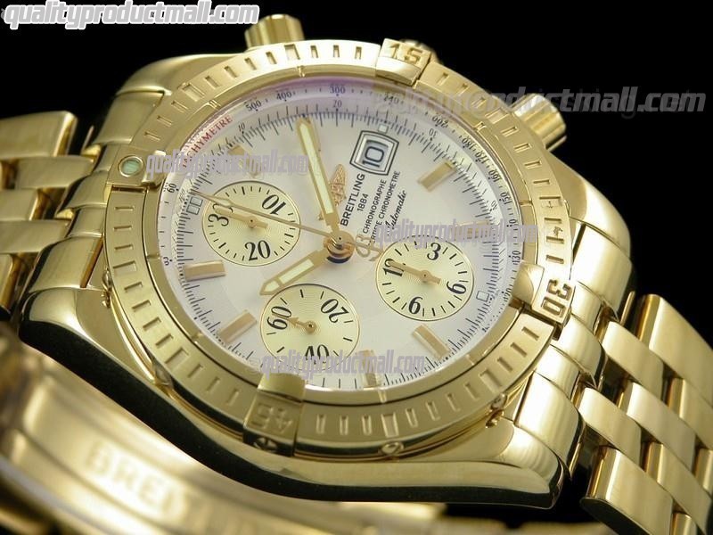 Breitling Chronomat Evolution V3 Chronograph 18K Gold-White Dial Gold Subdials Gold Index Hour Markers-Stainless Steel Bracelet