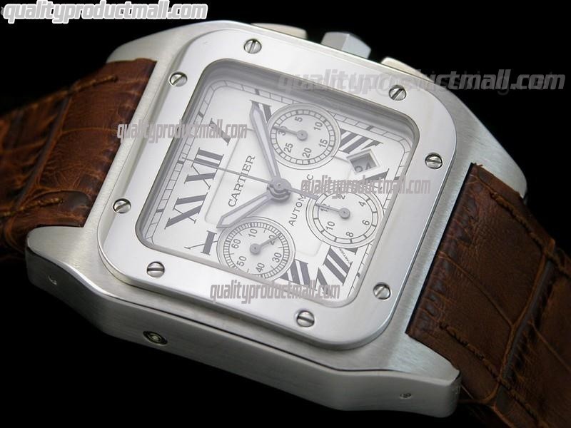 Cartier Santos 100 Chronograph-White Dial Semi Sunken Subdials-Brown Leather Strap