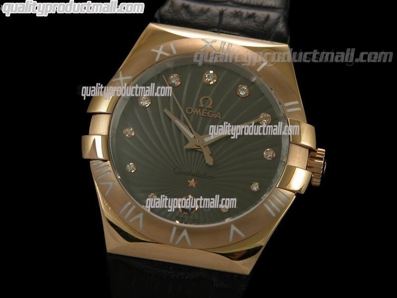 Omega Constellation Midsize 18k Rose Gold Swiss Quartz-Fan Shell Design Brown Dial-Black Leather Strap